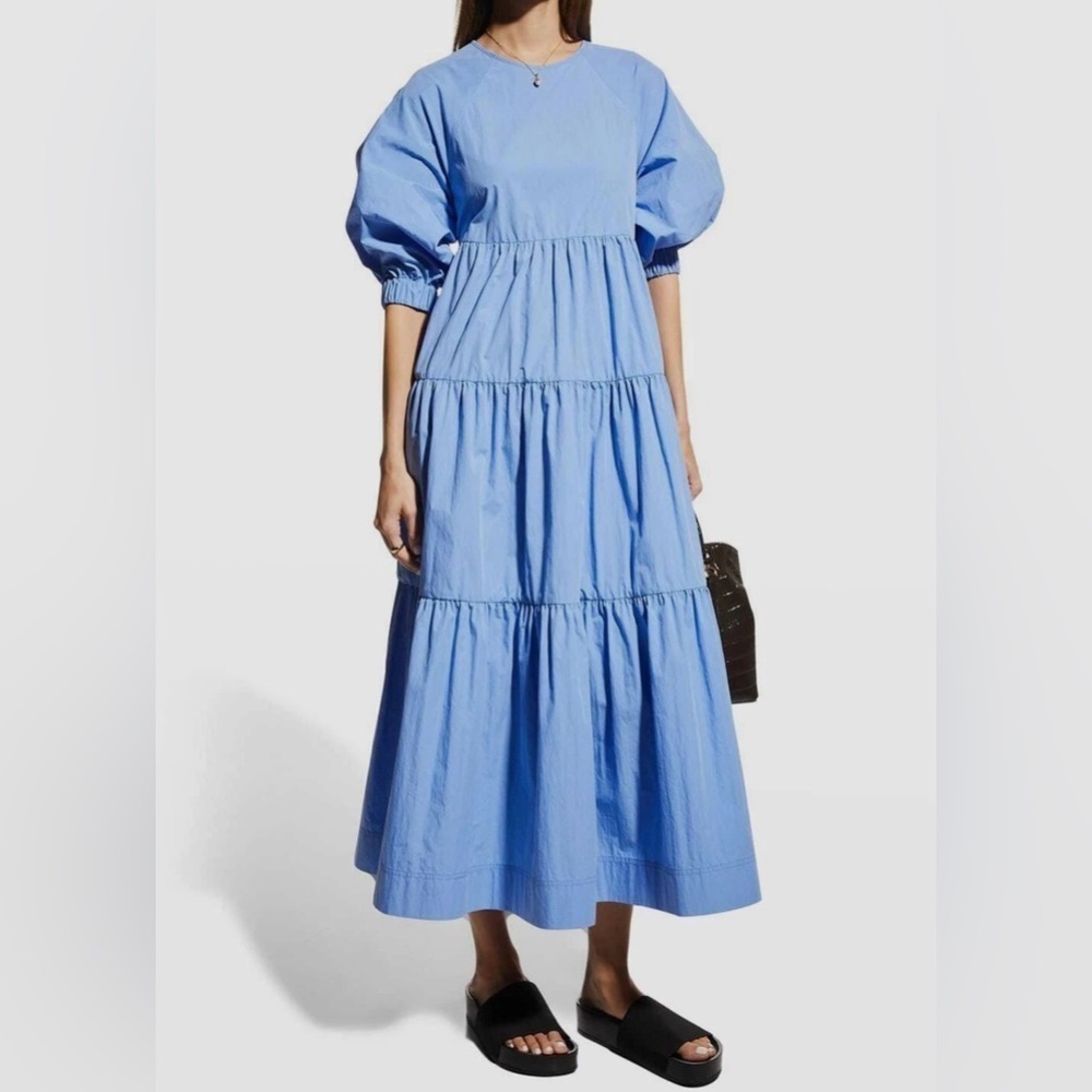 Co Essentials Women Blue Tiered Bubble Sleeve Midi Dress
